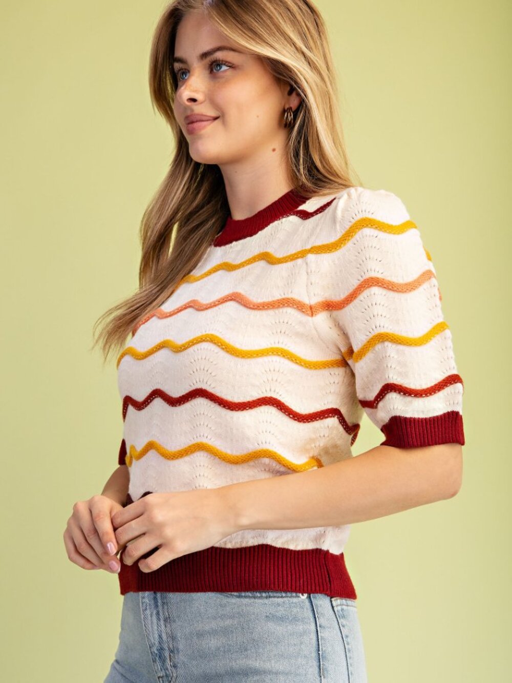 GiGiO Pointelle Knit Short Sleeve Sweater - Picture 4 of 6